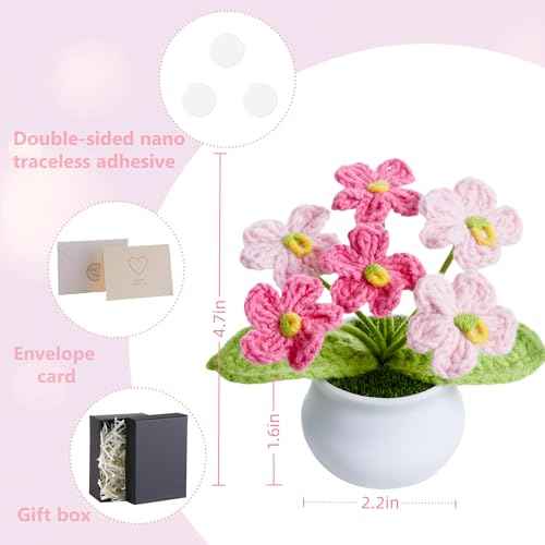 Crochet Flowers Pink Handmade Knitted Potted Flower Plants for Women Coworkers Birthday Anniversary Thanksgiving Christmas Cute Decor for Desk Home Office Accessories Decorations