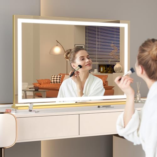 Gold 32x22 Inch LED Lighted Vanity Mirror with Dimmable Touch Control