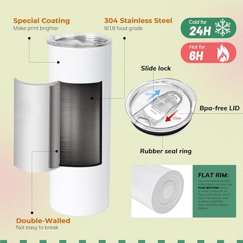 20 oz Sublimation Tumbler Blank Pack of 16 - Flat Edge Skinny Stainless Steel