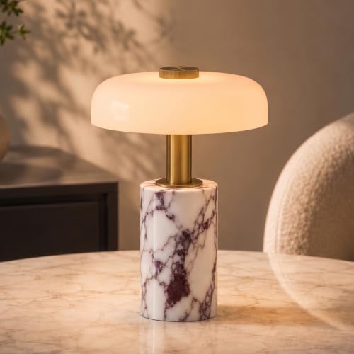 Calacatta Viola Marble Cordless Table Lamp with Glass Shade & Touch Dimming