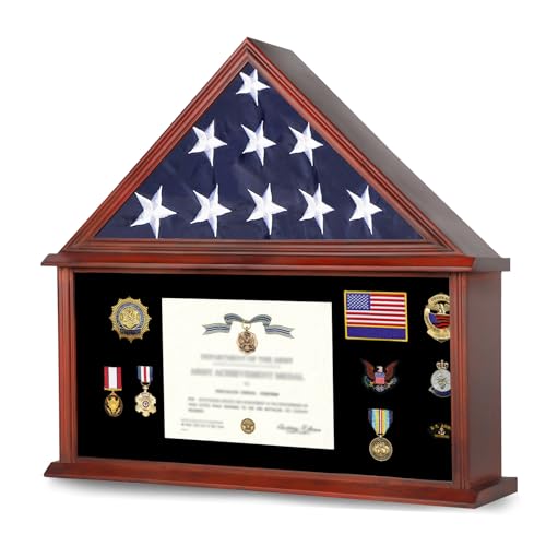 Military Flag Display Case - Pentagon Mahogany for 5' x 9.5' Flag - Wall & Table Mount