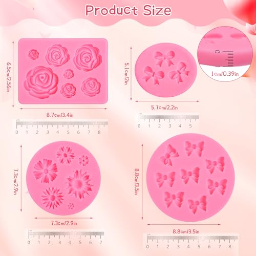 Pimoys 4 Pcs Flower&Bow Molds for Chocolate, Bow Chocolate Molds Silicone Cake Pop Mold Christmas Candy Mold Silicone for Wax Melts Birthday Cake Decoration