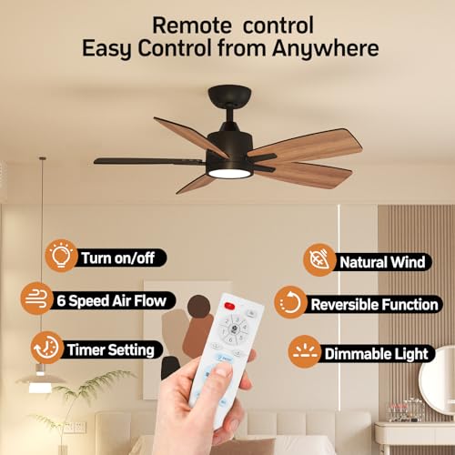 TALOYA 42 Inch Black Ceiling Fan with Lights Remote Control Dimmable Reversible DC Motor