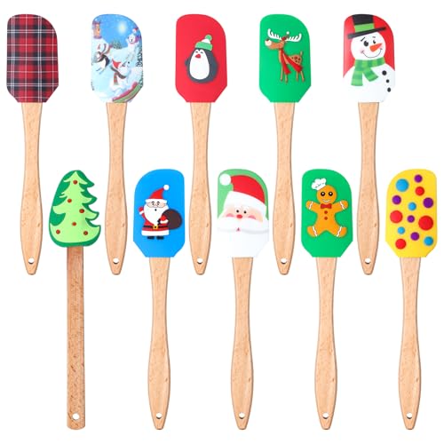 Patelai Christmas Silicone Spatulas with Wooden Handles - 10 Pack Baking Tools