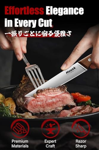 Huusk 8-Piece Steak Knife Set with Dual-Edge Blades and Wooden Block - Serrated & Straight