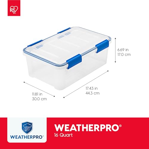 IRIS USA 3-Pack 16 Qt Storage Bins with Gasket Lids - Clear and Blue, Weatherproof Seal