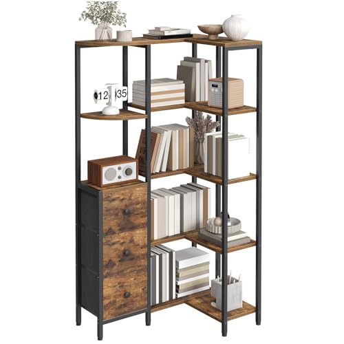 YATINEY Rustic Brown & Black 5-Tier Corner L-Shaped Bookshelf with Fabric Drawers