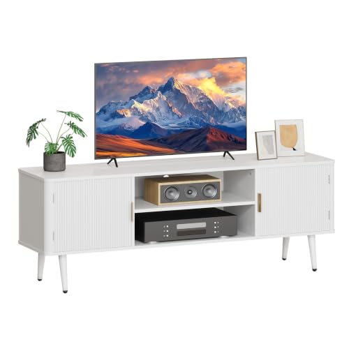 Modern TV Stand for 60 Inch TVs with Fluted Cabinet Doors and Adjustable Shelves