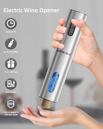 Newise Silver Rechargeable Electric Wine Opener Gift Set with Aerator & Stoppers