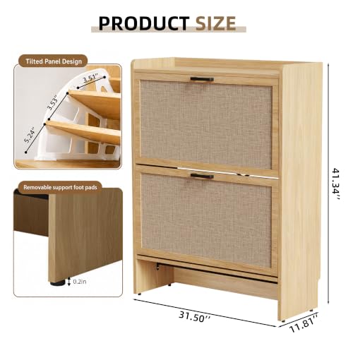Natural Shoe Storage Cabinet with Flip Drawers & Slim 3-Tier Rack - Small Entryway Organizer