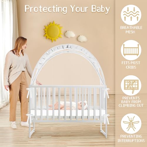 Large Mesh Baby Crib Tent - Climbing & Fall Prevention with Two-Way Zipper - White