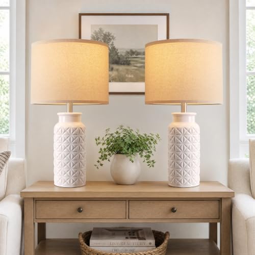 Innqoo 22.6-inch Modern Ceramic Bedside Lamps Set of 2 - White Nightstand Lamps for Bedroom