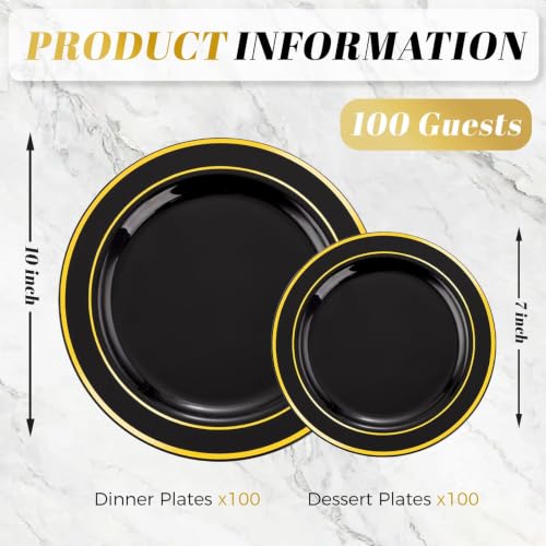 Black & Gold 200PCS Heavy Duty Plastic Plates - Disposable for Wedding, Party, Halloween (Black & Gold, 100 Dinner + 100 Dessert Plates) - WDF