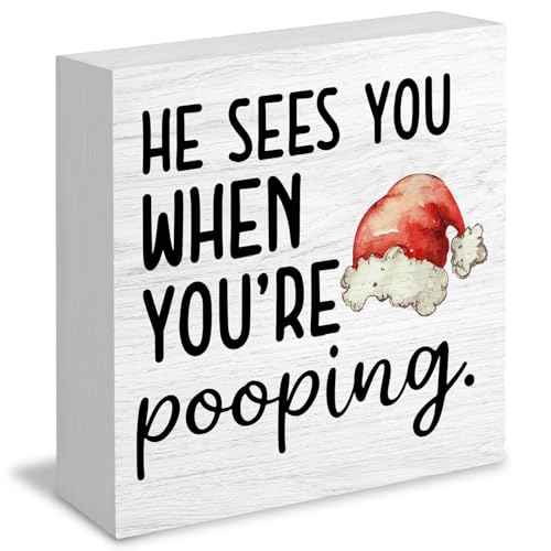 Funny Christmas Bathroom Wooden Box Signs, Christmas Bathroom Decorations, Funny Bathroom Decor, He Sees You When You're Pooping Wooden Signs for Bathroom Restroom Shelf Counter Decor, 5x5in