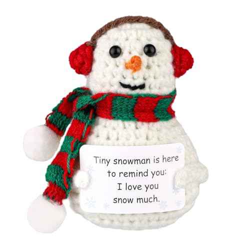 Positive Snowman, Funny Knitted Snowman Inspirational Gift with Positive Card Cute Crochet Potato Positive Christmas Encouragement Crocheted Doll for Room Office Desktop Decoration