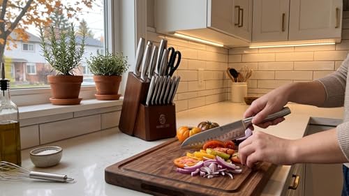 Japanese 15-Piece Knife Block Set with Built-In Sharpener, High Carbon Stainless Steel, Wooden - Wooden / 15 Pcs