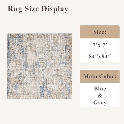 7x7 Square Washable Area Rug - Non-Slip Indoor Carpet for Living Room Bedroom Dining, Low Pile, Stain-Resistant, Modern Abstract, Blue Brown