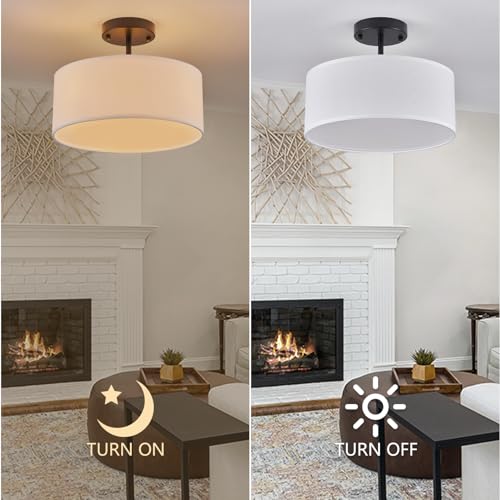 Semi Flush Mount Ceiling Light - 13-Inch Black Drum Fixture with White Fabric Shade - Variation: Black / 13 Inch