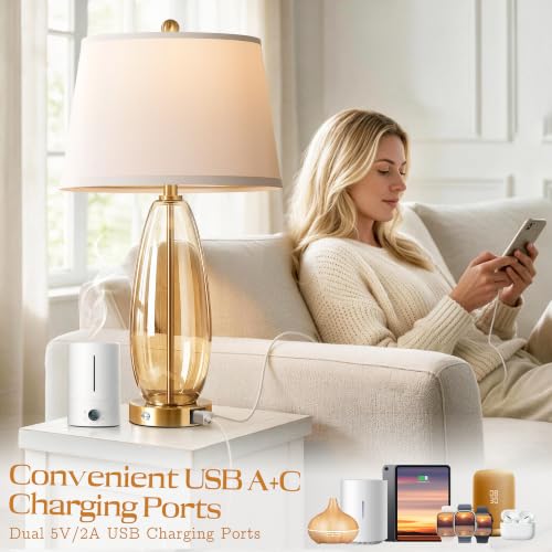 WIHTU 27-Inch Amber Glass Table Lamps Set of 2 with Touch Dimming & USB Ports