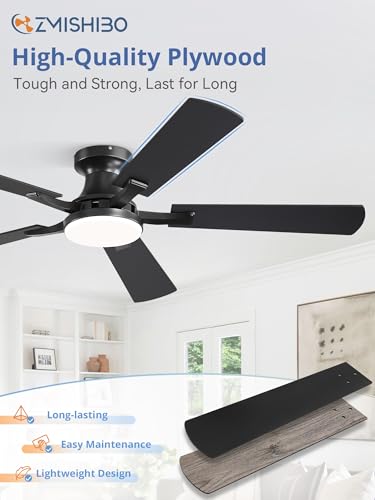ZMISHIBO 52-Inch Black Ceiling Fan with Lights, Remote & App Control, Flush Mount