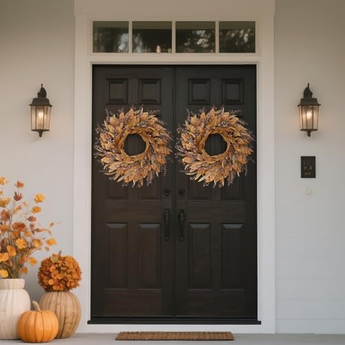 YXZZWL 26-Inch Artificial Fall Eucalyptus Wreath with Seeds for Front Door (Orange) - Fall Decor
