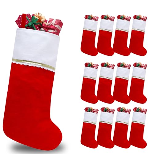 Subyan 12 Pack Felt Christmas Stockings - 19 Inch Red & White Holiday Hanging Ornaments with Gold Trim