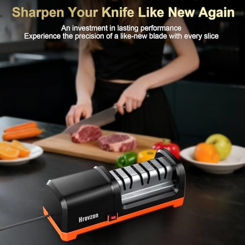 Electric Knife Sharpener 3-Stage Professional System for Kitchen Knives Black Orange
