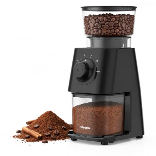 Ollygrin Black/Silver Electric Conical Burr Coffee Grinder - 30 Settings, Anti-Static Compact Home Use