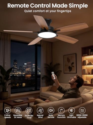 Black 52-Inch Ceiling Fan with Lights and Remote - Low Profile, Reversible DC Motor