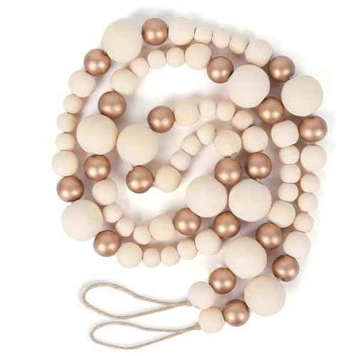Christmas Wooden Bead Garland Xmas Wooden Tree Beads Rustic Decorative Christmas Tree Farmhouse Decor for Mantle Fireplace Staircase (Natural & Gold)