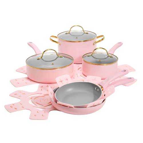 Pink 12-Piece Nonstick Cookware Set with Tempered Glass Lids & Stay Cool Handles - Paris Hilton