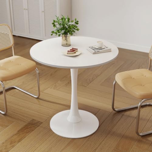 White Small Dining Table with MDF Top & Metal Pedestal Base - Space-Saving Mid-Century Modern Design