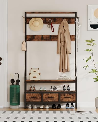Entryway Hall Tree with Bench, Shoe Storage, 16 Hooks & 3 Drawers