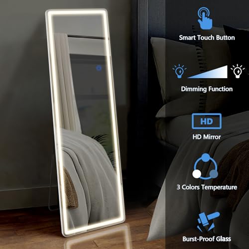 White 21x64 Inch LED Full Length Mirror with Lights - Wall Mount & Stand