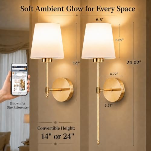 Wireless Rechargeable Wall Sconces Set of 2 - Gold Fabric Shade Dimmable Lights with Remote for Bedroom & Living Room