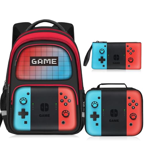 Kids Backpack Set for Boys - 17-Inch Gamer School Bookbag, Red & Blue