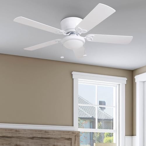 Indoor Ceiling Fan with Light - 52 Inch White & Gray Oak Blades, Flush Mount, Quiet 3-Speed