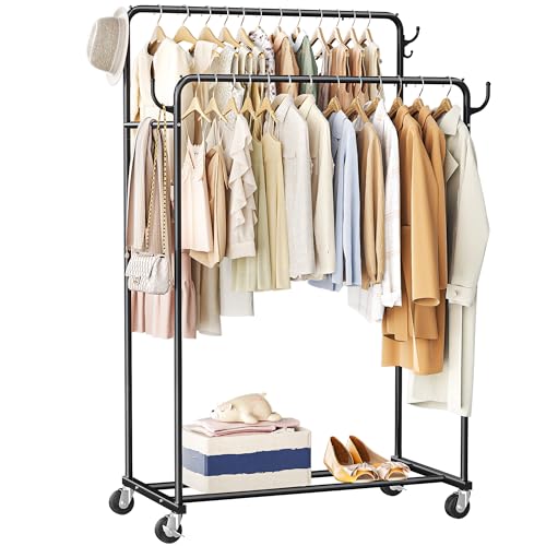 HogHow Double Rod Rolling Clothes Rack with Wheels - Portable Garment Organizer for Bedroom & Laundry