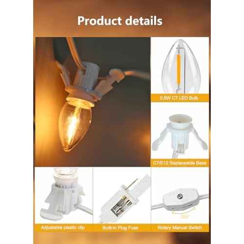 Set of 2 Accessory Cord with One Led Light Bulb 6Ft Blow Mold Light IndoorString Lights, C7 Lamp with Spare Fuse forHalloween and Christmas Decorations.Craft Village House Decoration