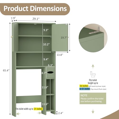 Over Toilet Storage Cabinet with Toilet Paper Holder - Green, Without Open Shelves, 65.4" Tall Bathroom Organizer