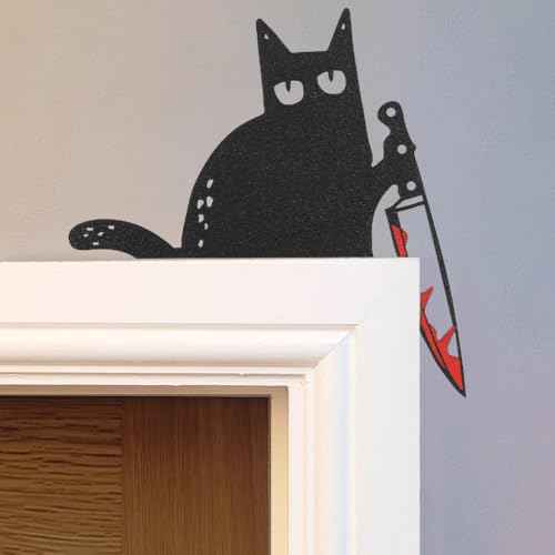Cat Door Topper Decoration Decor Black Cat Lover Gifts for Women Funny Halloween Christmas Furniture with Knife