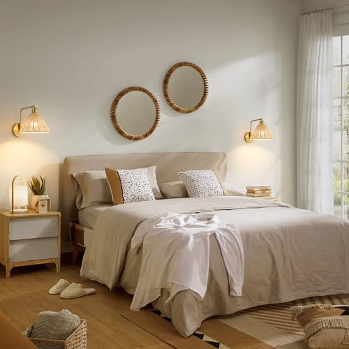 Rattan Rechargeable Wall Sconce Set of 2 - Gold Boho Swing Arm Wall Lights with Remote