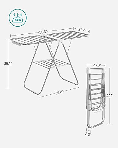 SONGMICS Silver & White Foldable Steel Clothes Drying Rack 1-Tier, Space-Saving Laundry Organizer