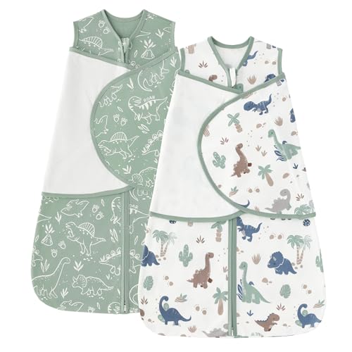 Baby Swaddle Sleep Sack 3-6 Months - Cotton Wrap with Adjustable Wings - Green Dinosaur 2 Pack