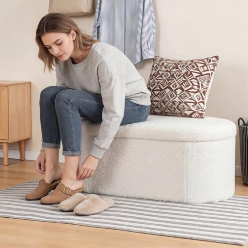 Oval Storage Ottoman Bench - White Teddy Fabric, 43 Inch Variation
