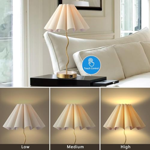 EOEYYOYB Gold Pleated Table Lamp for Bedroom & Home Office, Linen Shade, Modern Nightstand Light