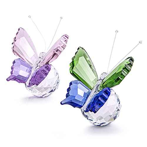 H&D HYALINE & DORA 2pcs Handmade K9 Crystal Flying Butterfly with Ball Base Glass Animal Figurines Cute Craft Wedding Gifts for Guests Home Decoration Accessories