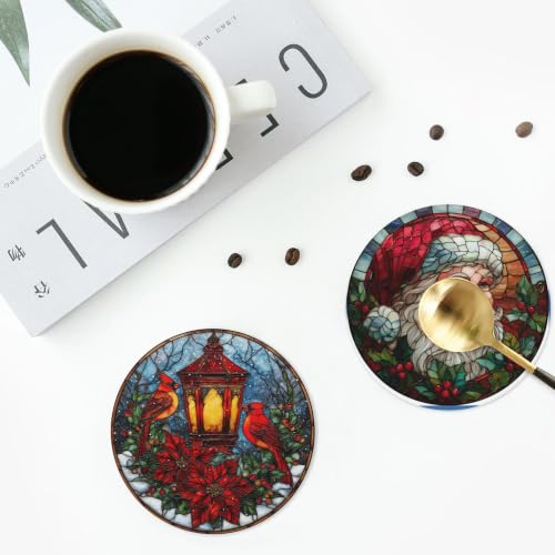 Christmas Coasters for Drinks with Holder Round Leather Set of 6 Cups