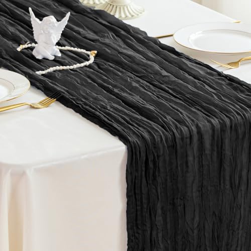 Black Cheesecloth Table Runner 10ft - Boho Rustic Decor, 10pc Set