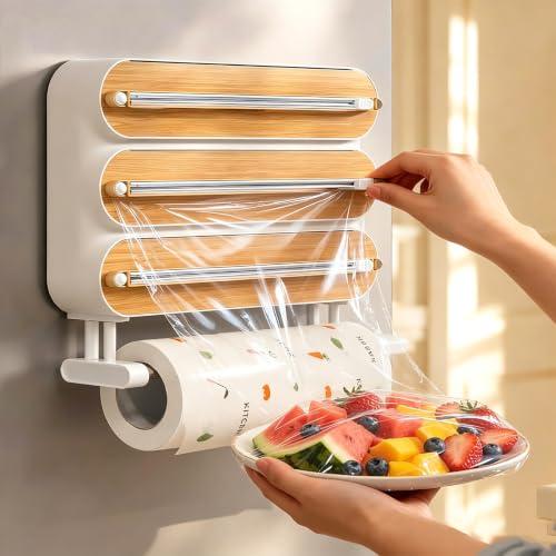 4 in 1 Plastic Wrap Dispenser with Cutter - Kitchen Organizer & Food Wrap Holder